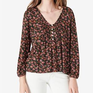 Lucky Brand Floral V-Neck Blouse - Black and Pink